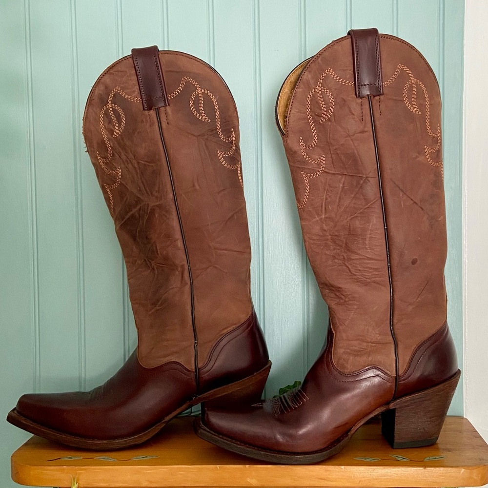 Women’s Sterling River Cowboy Boots Cognac Brown‎ Leather Square Toe Size 7